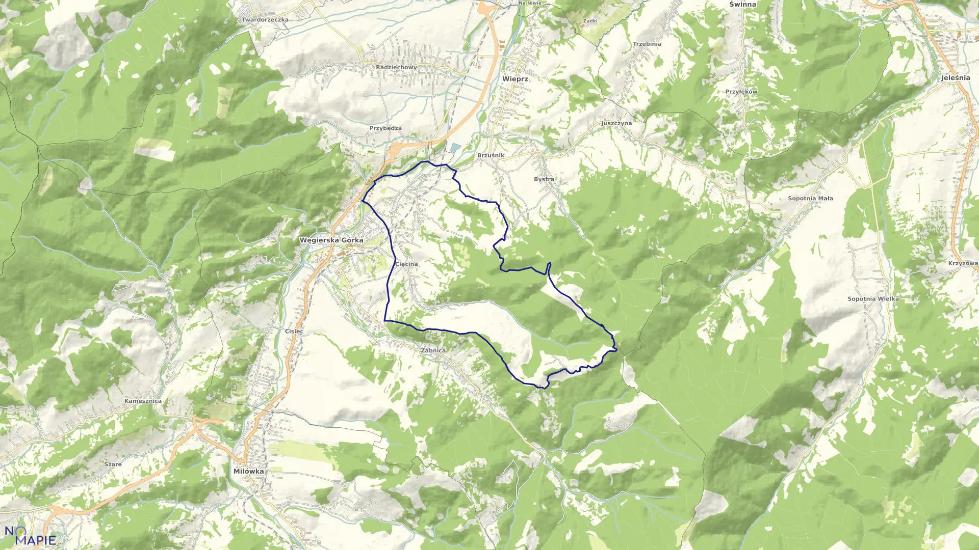 Mapa obrębu Cięcina w gminie Węgierska Górka