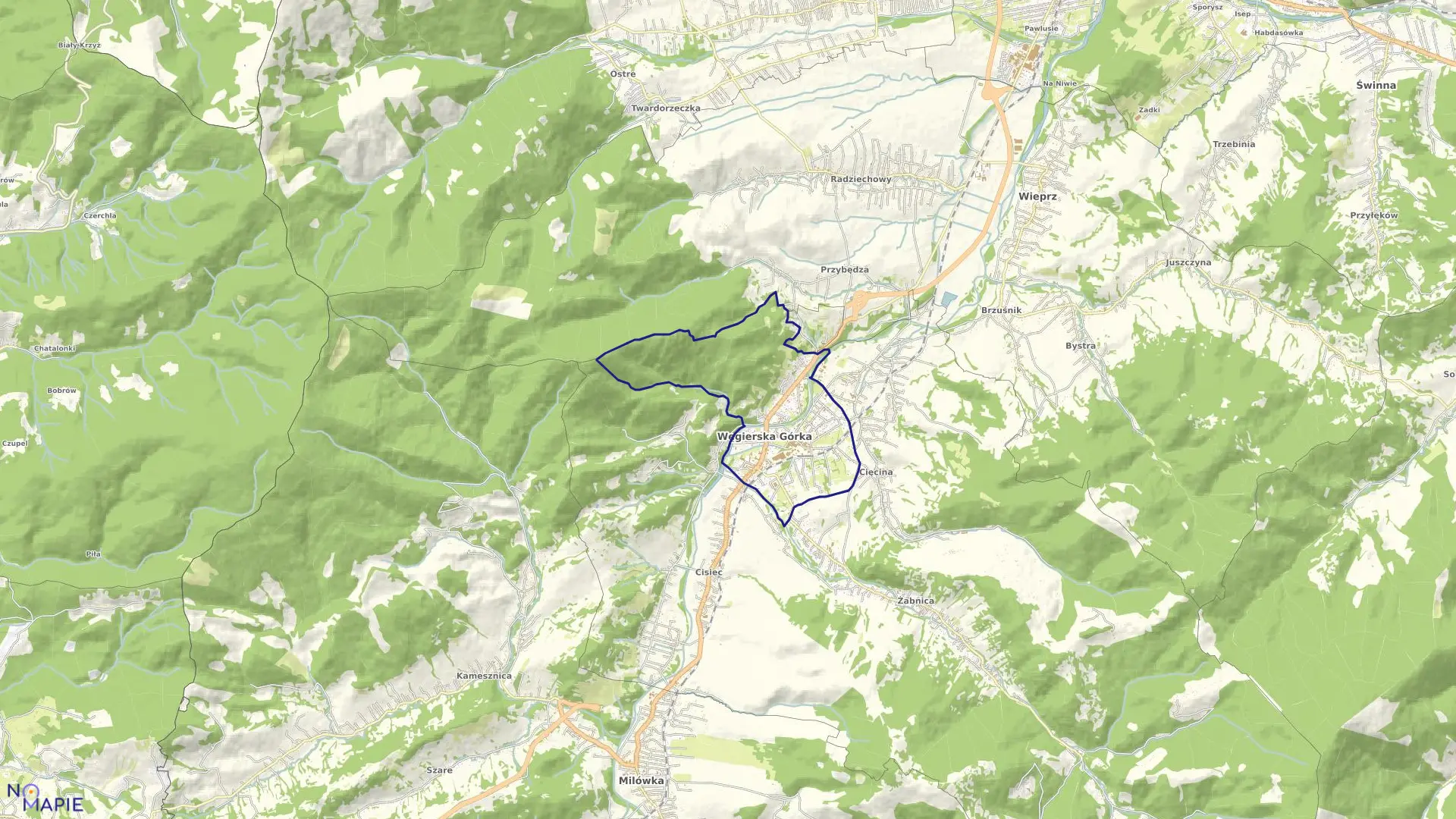 Mapa obrębu Węgierska Górka w gminie Węgierska Górka