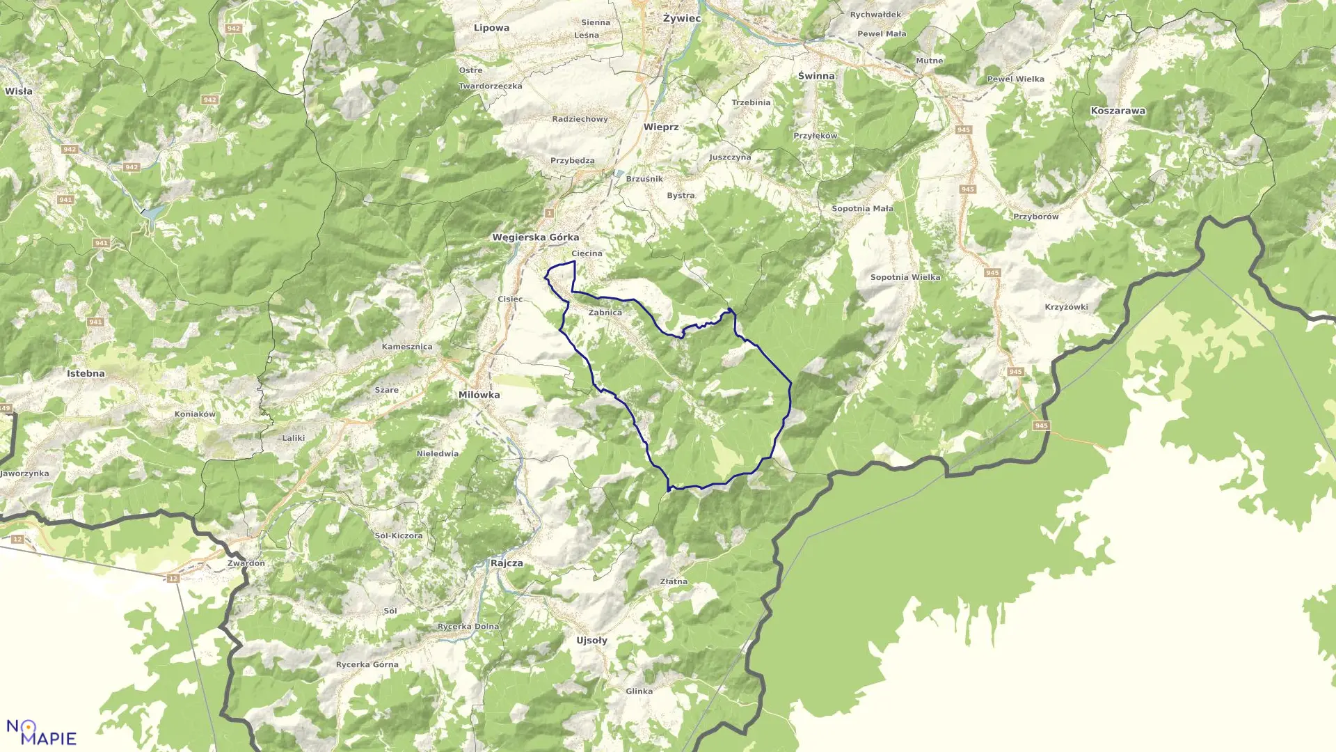 Mapa obrębu Żabnica w gminie Węgierska Górka